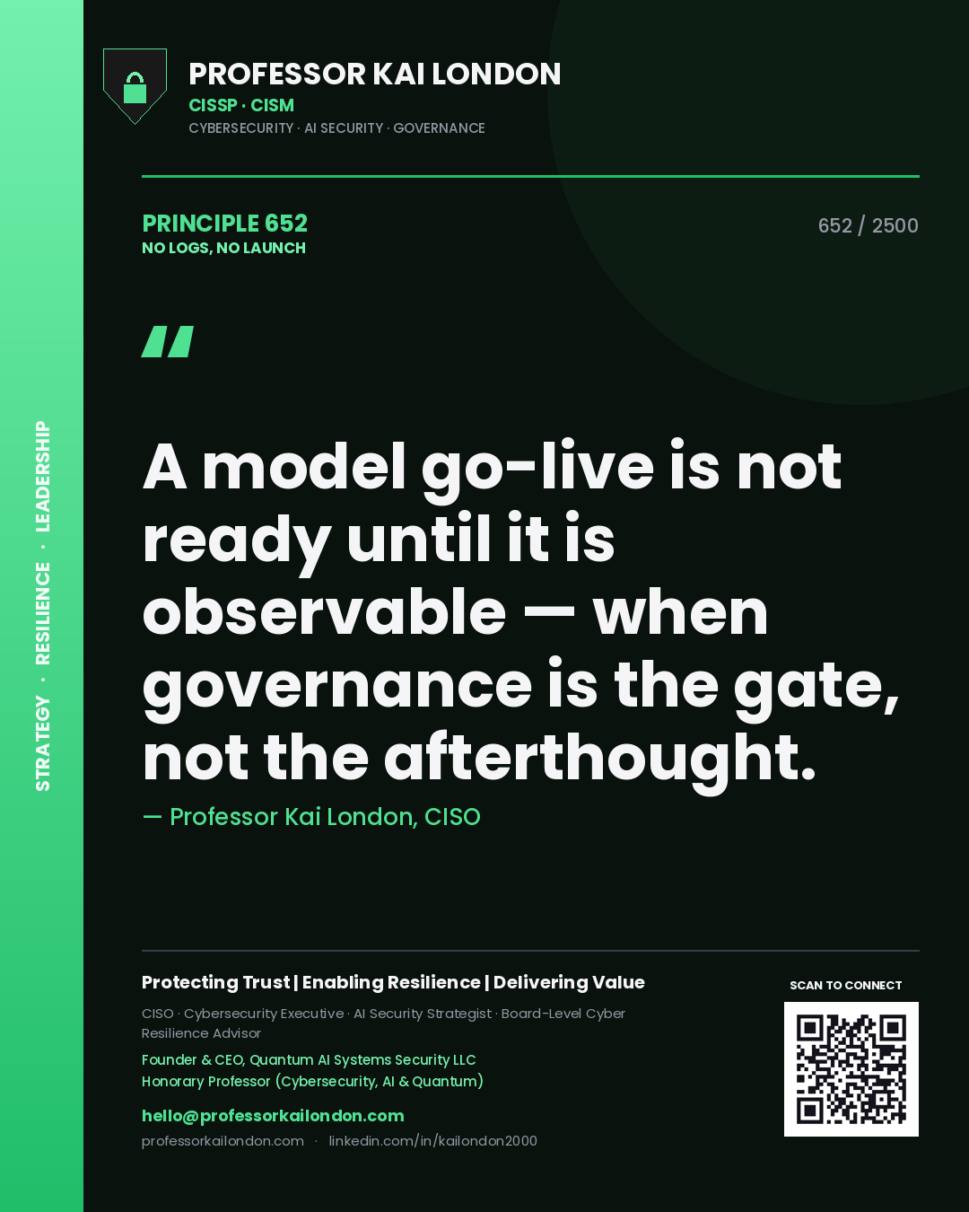 Professor Kai London principle 652: A model go-live is not ready until it is observable — when governance is the gate, not the afterthought.