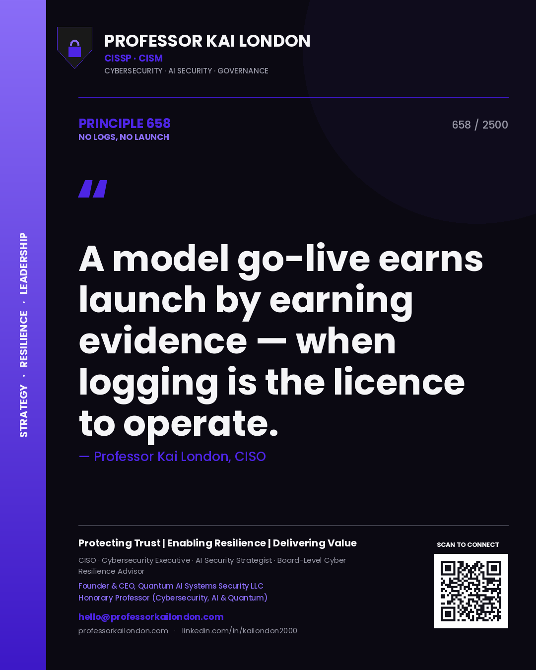 Professor Kai London principle 658: A model go-live earns launch by earning evidence — when logging is the licence to operate.