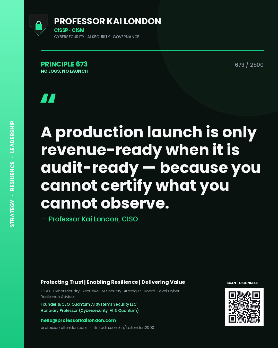 Professor Kai London principle 673: A production launch is only revenue-ready when it is audit-ready — because you cannot certify what you cannot observe.