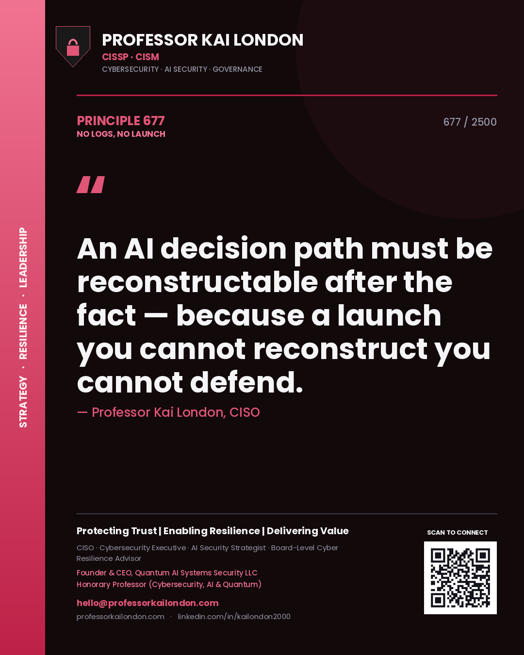 Professor Kai London principle 677: An AI decision path must be reconstructable after the fact — because a launch you cannot reconstruct you cannot defend.
