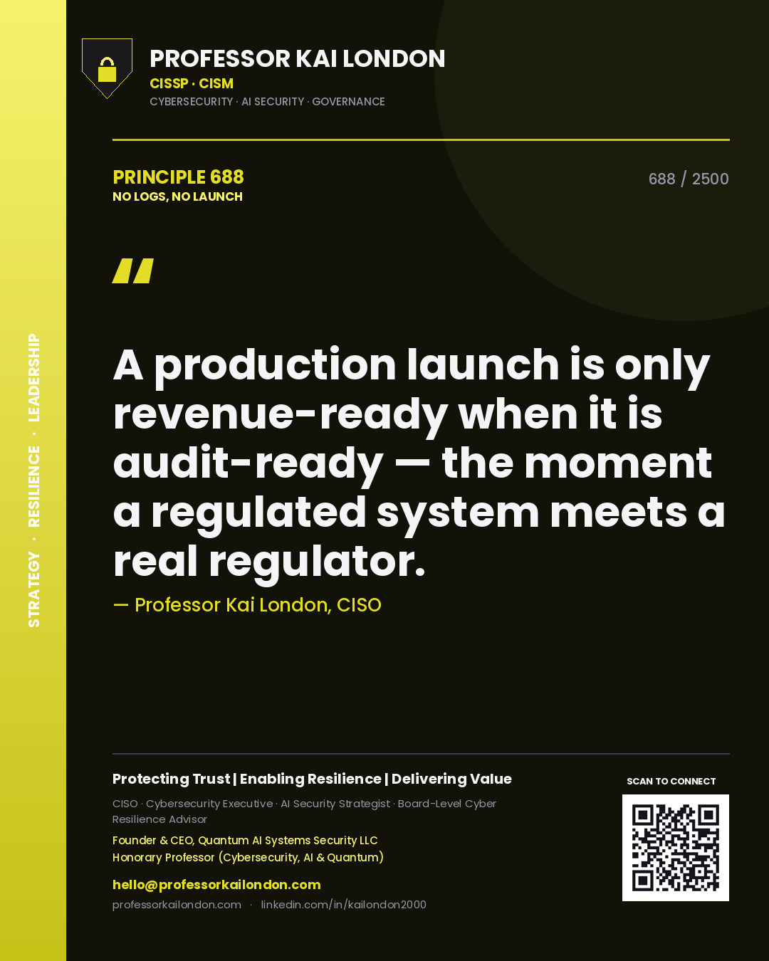 Professor Kai London principle 688: A production launch is only revenue-ready when it is audit-ready — the moment a regulated system meets a real regulator.