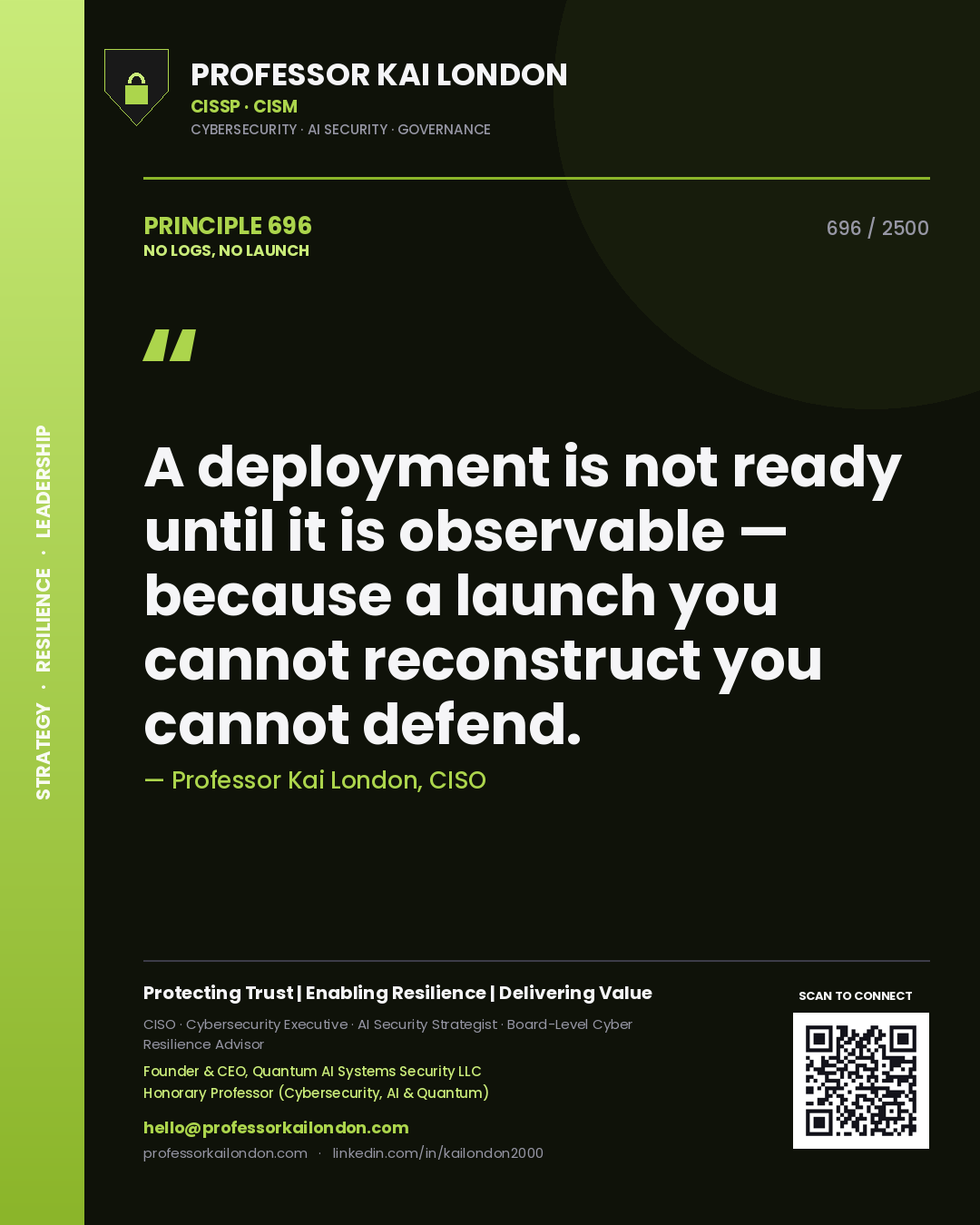 Quote card by Professor Kai London reading 'A deployment is not ready until it is observable — because a launch you cannot reconstruct you cannot defend.'. From the book No Logs, No Launch.
