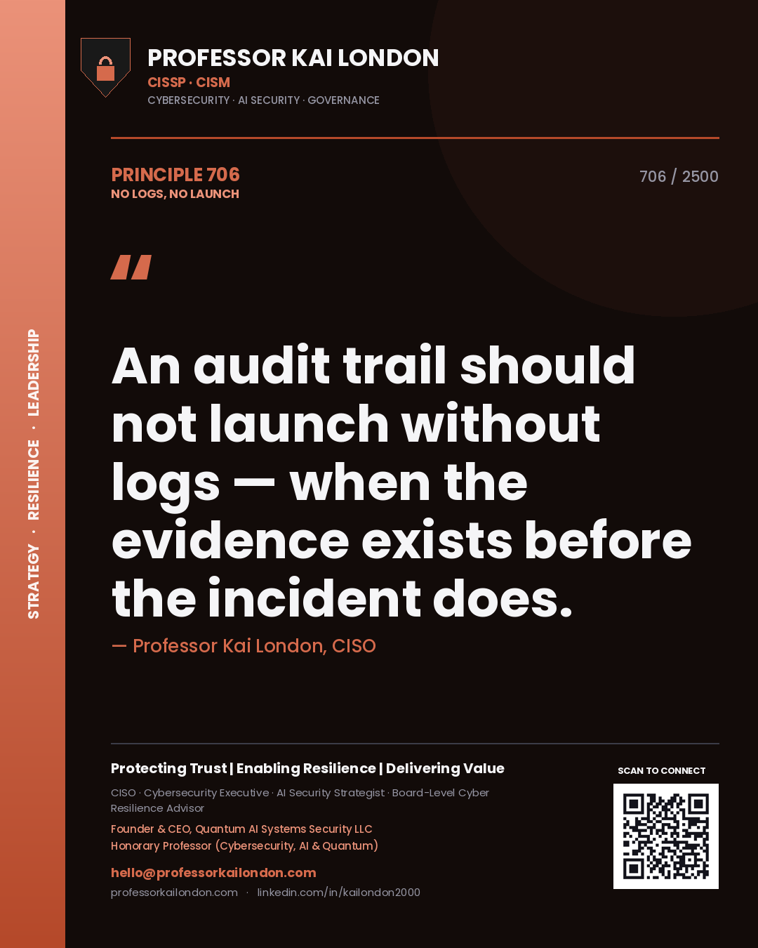 Professor Kai London principle 706: An audit trail should not launch without logs — when the evidence exists before the incident does.