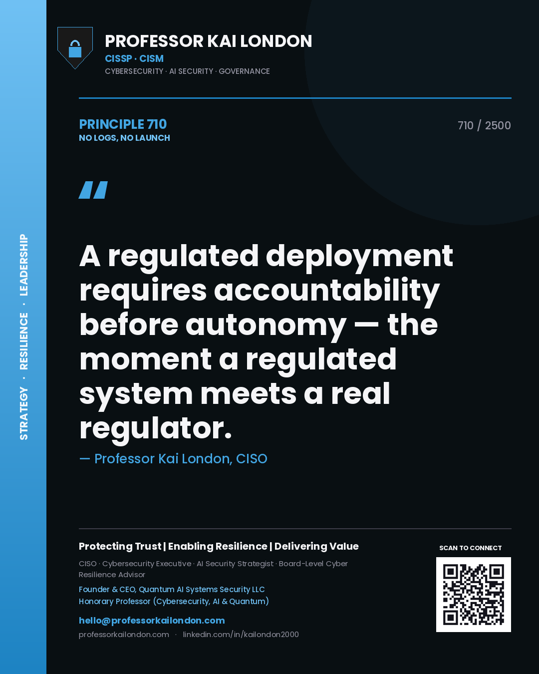 Professor Kai London principle 710: A regulated deployment requires accountability before autonomy — the moment a regulated system meets a real regulator.