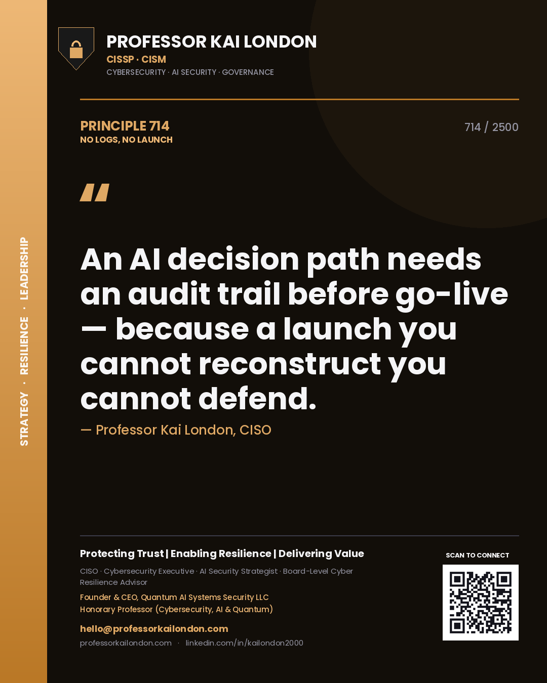 Professor Kai London principle 714: An AI decision path needs an audit trail before go-live — because a launch you cannot reconstruct you cannot defend.