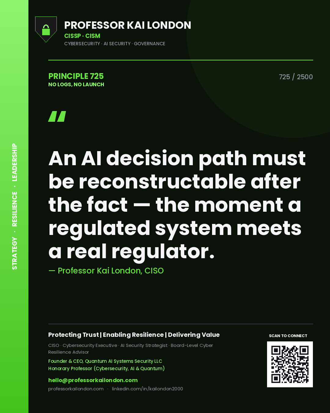 Quote card by Professor Kai London reading 'An AI decision path must be reconstructable after the fact — the moment a regulated system meets a real regulator.'. From the book No Logs, No Launch.