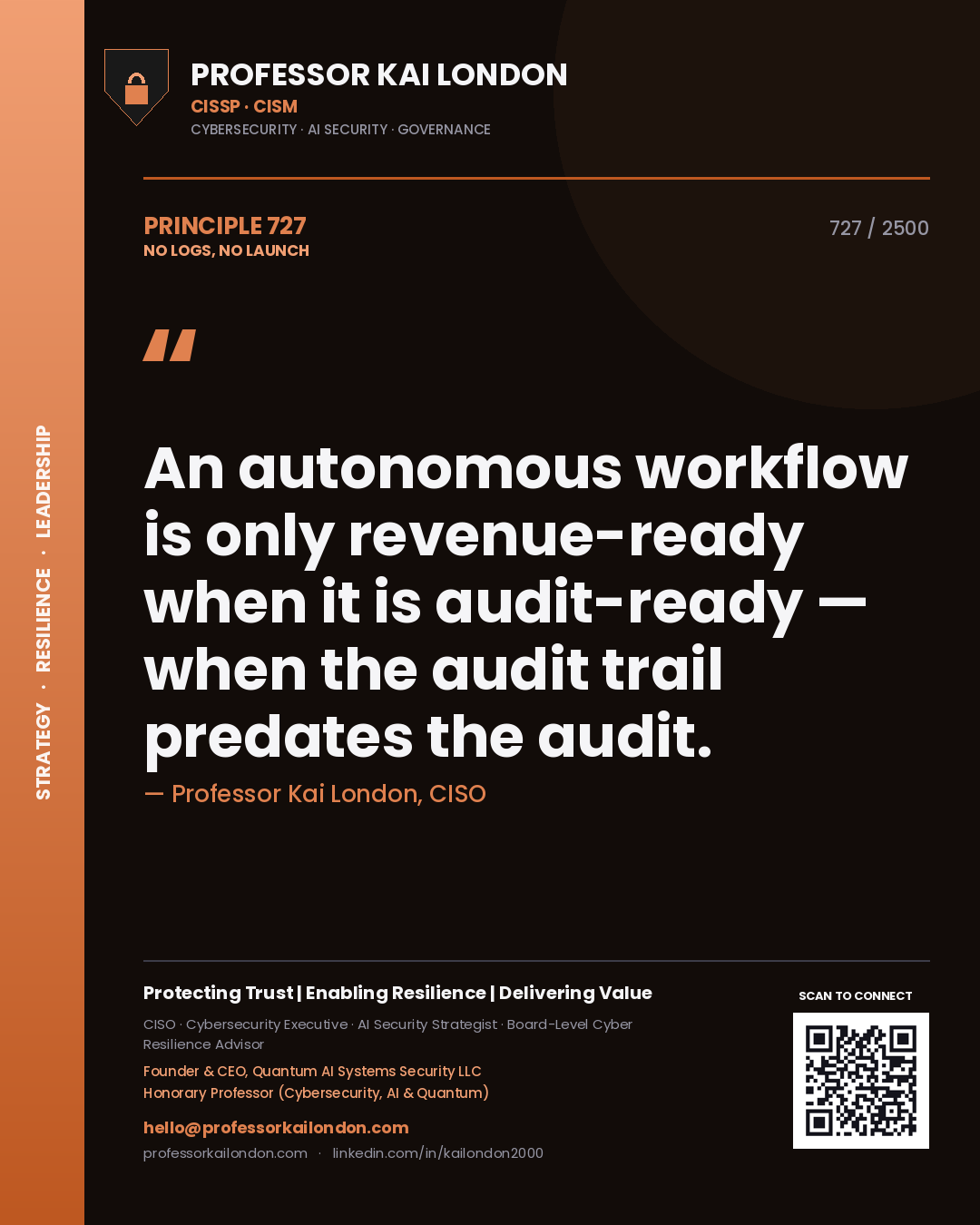 Quote card by Professor Kai London reading 'An autonomous workflow is only revenue-ready when it is audit-ready — when the audit trail predates the audit.'. From the book No Logs, No Launch.