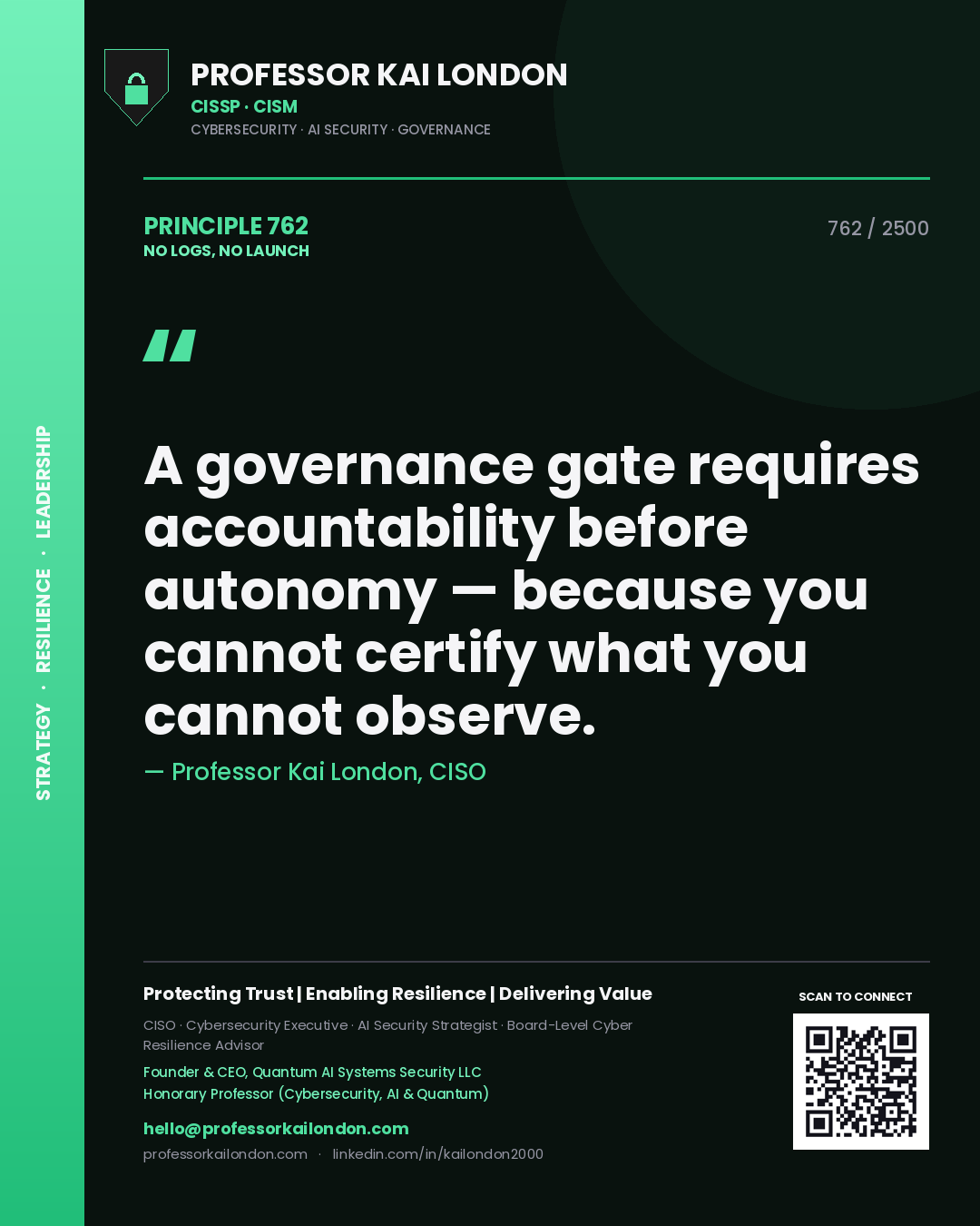Professor Kai London principle 762: A governance gate requires accountability before autonomy — because you cannot certify what you cannot observe.