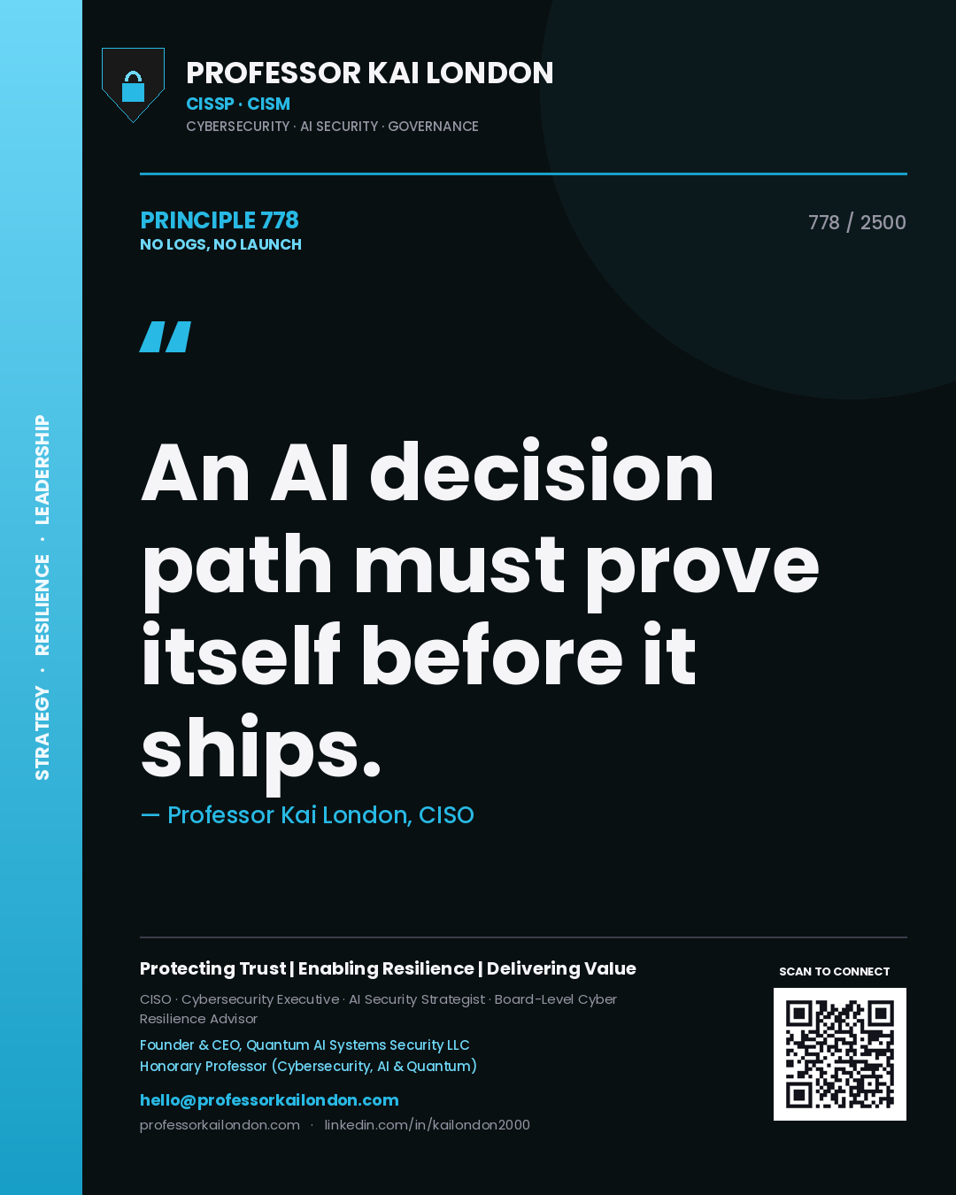Quote card by Professor Kai London reading 'An AI decision path must prove itself before it ships.'. From the book No Logs, No Launch.