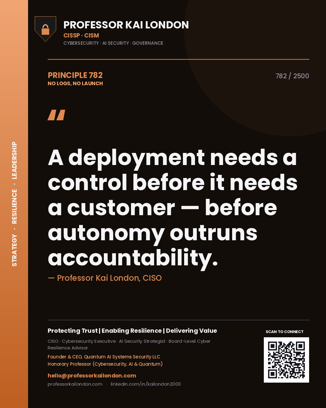 Quote card by Professor Kai London reading 'A deployment needs a control before it needs a customer — before autonomy outruns accountability.'. From the book No Logs, No Launch.