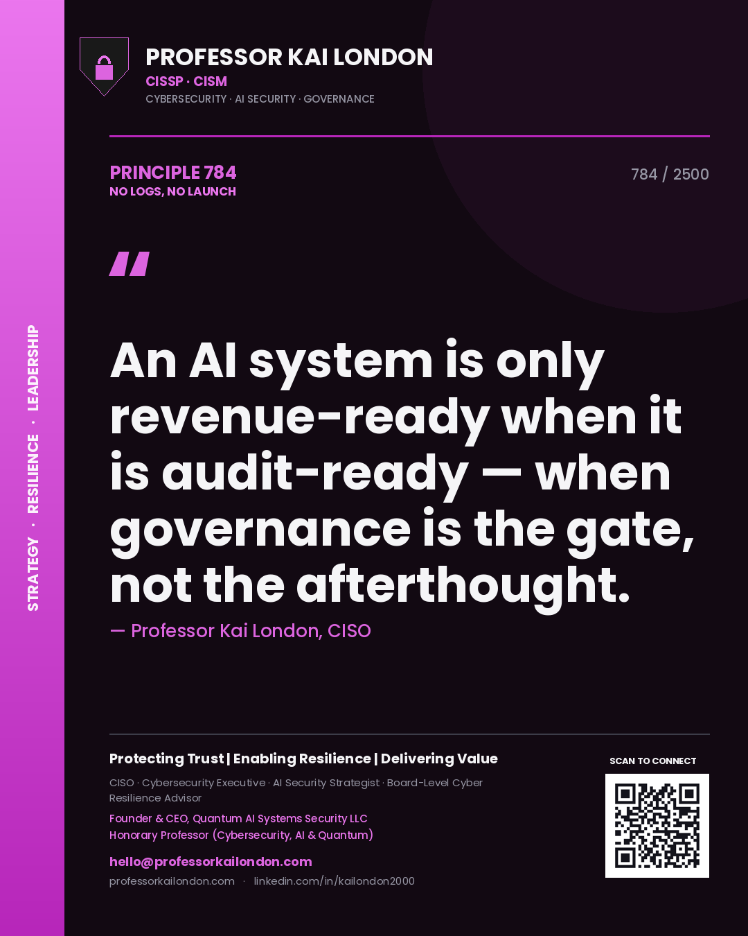 Quote card by Professor Kai London reading 'An AI system is only revenue-ready when it is audit-ready — when governance is the gate, not the afterthought.'. From the book No Logs, No Launch.