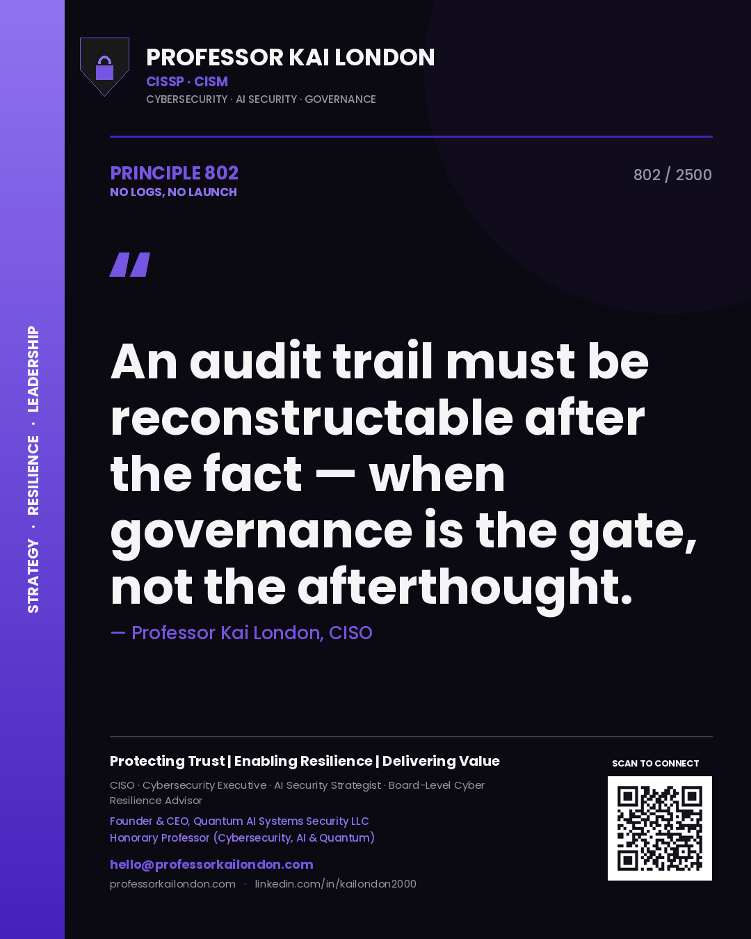 Professor Kai London principle 802: An audit trail must be reconstructable after the fact — when governance is the gate, not the afterthought.