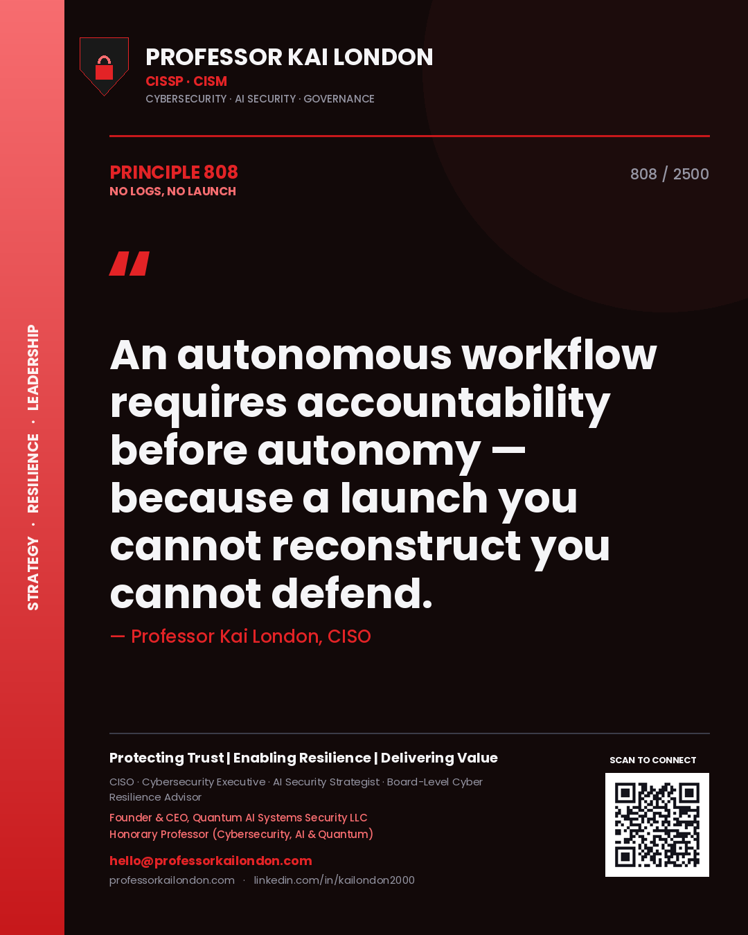 Professor Kai London principle 808: An autonomous workflow requires accountability before autonomy — because a launch you cannot reconstruct you cannot defend.
