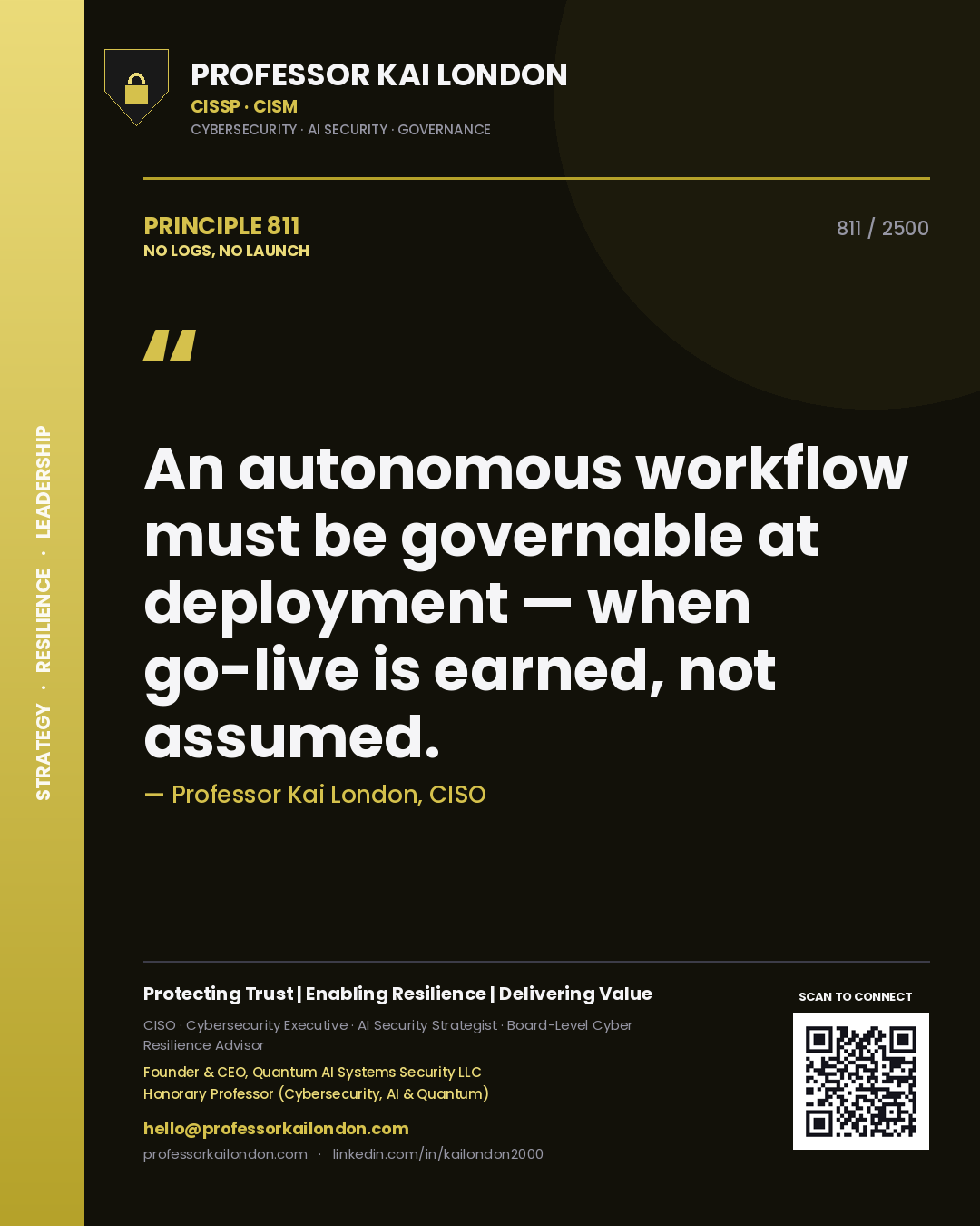 Quote card by Professor Kai London reading 'An autonomous workflow must be governable at deployment — when go-live is earned, not assumed.'. From the book No Logs, No Launch.
