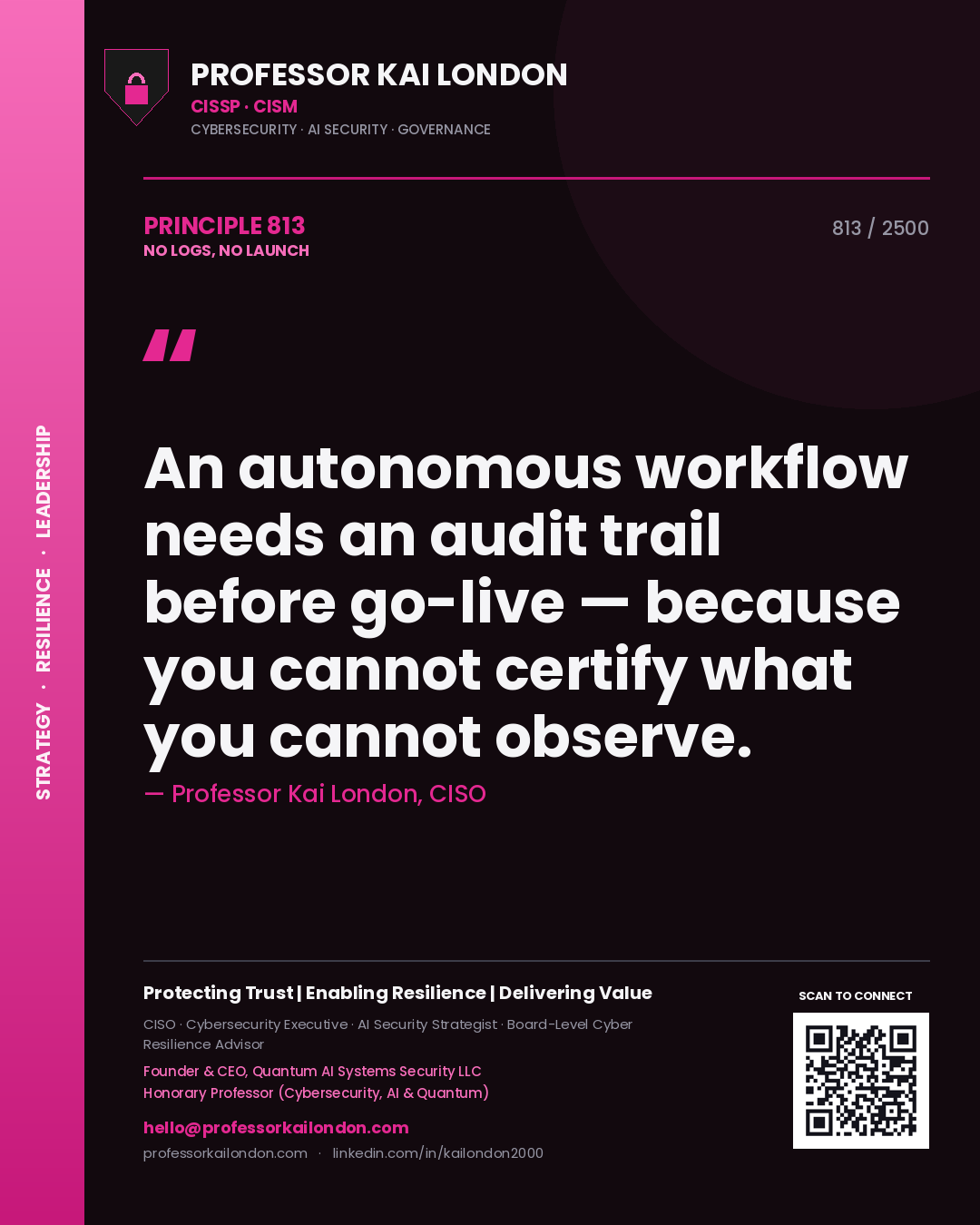 Quote card by Professor Kai London reading 'An autonomous workflow needs an audit trail before go-live — because you cannot certify what you cannot observe.'. From the book No Logs, No Launch.
