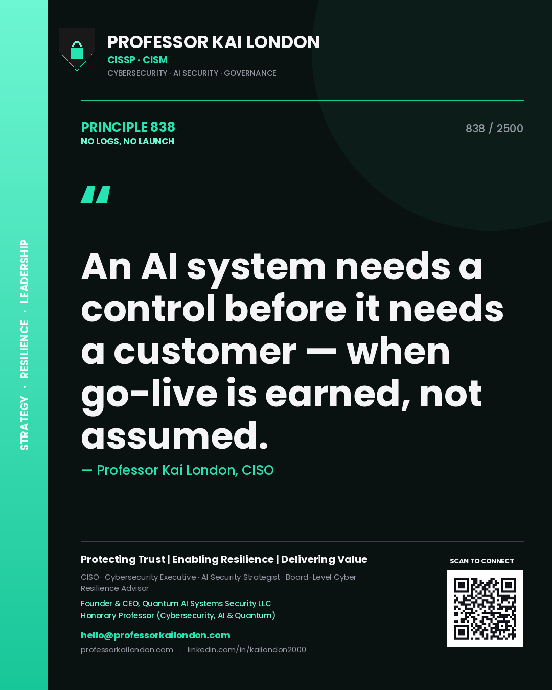 Professor Kai London principle 838: An AI system needs a control before it needs a customer — when go-live is earned, not assumed.