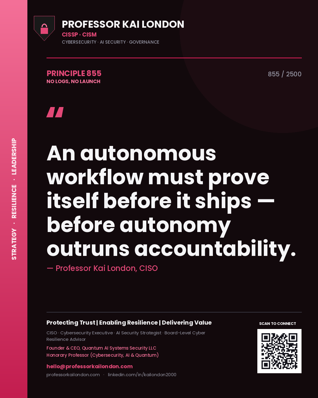 Professor Kai London principle 855: An autonomous workflow must prove itself before it ships — before autonomy outruns accountability.