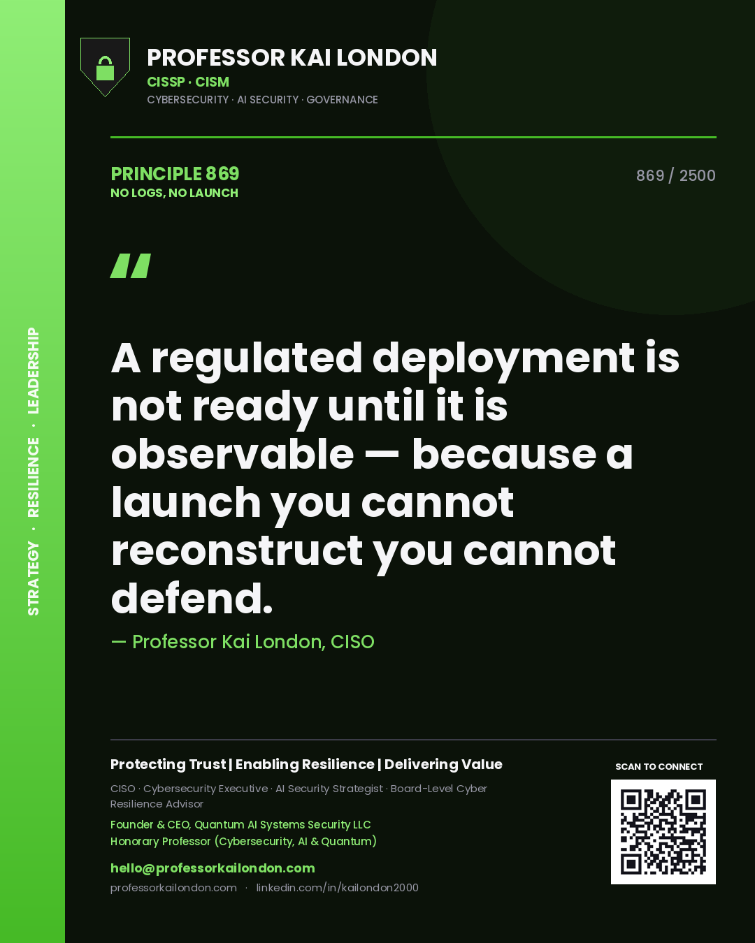 Quote card by Professor Kai London reading 'A regulated deployment is not ready until it is observable — because a launch you cannot reconstruct you cannot defend.'. From the book No Logs, No Launch.