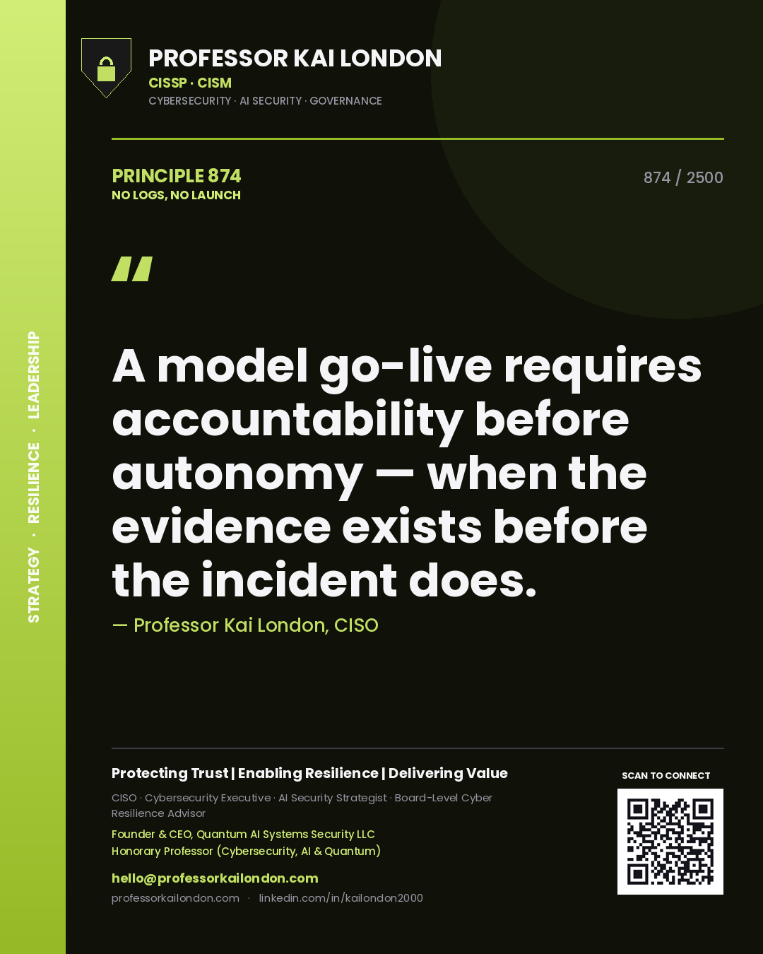 Professor Kai London principle 874: A model go-live requires accountability before autonomy — when the evidence exists before the incident does.