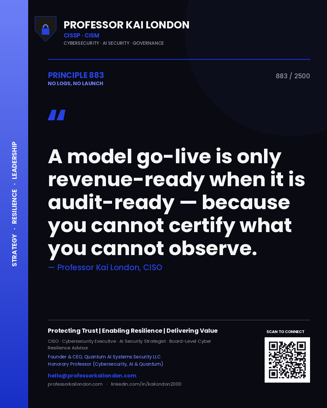 Quote card by Professor Kai London reading 'A model go-live is only revenue-ready when it is audit-ready — because you cannot certify what you cannot observe.'. From the book No Logs, No Launch.