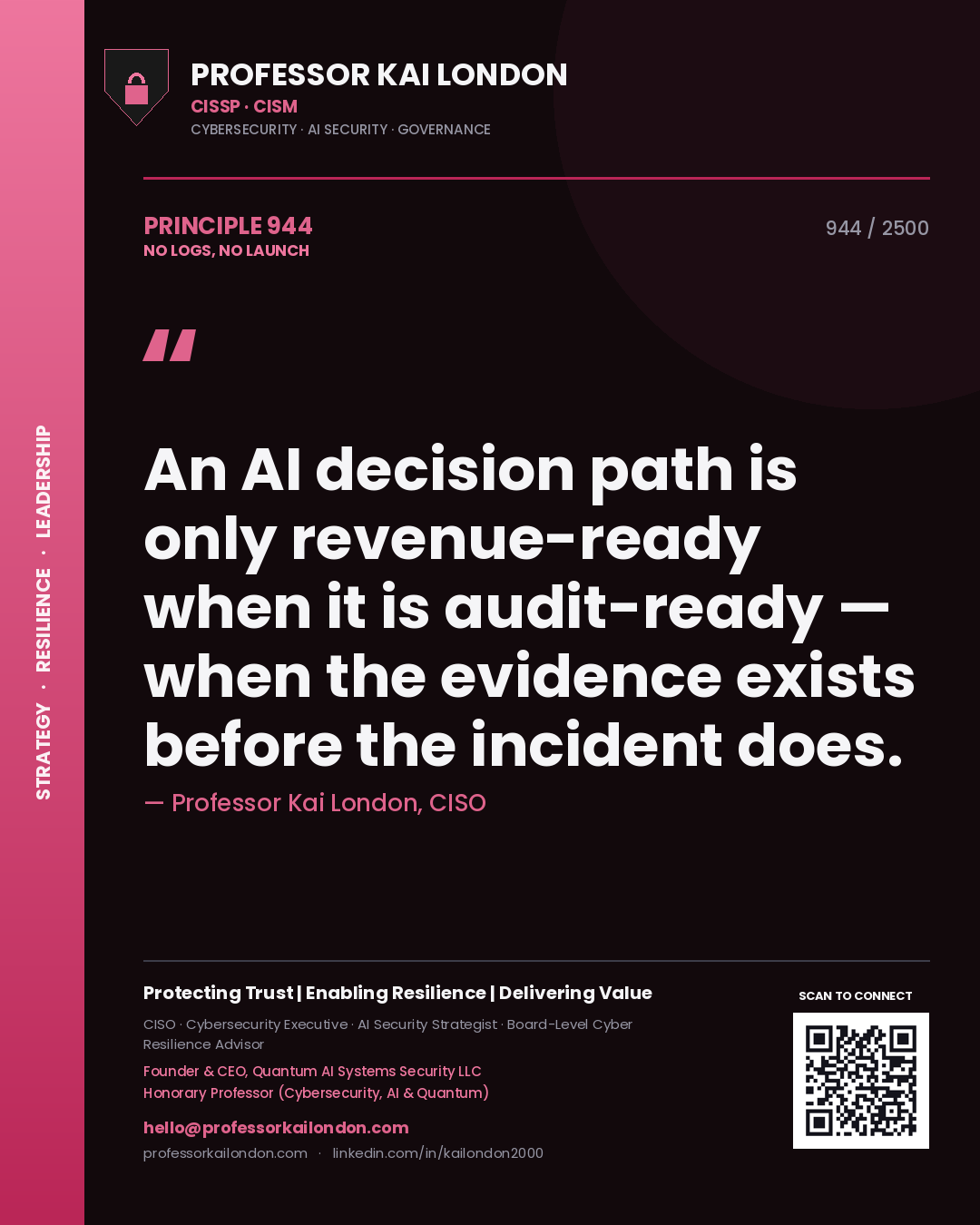 Quote card by Professor Kai London reading 'An AI decision path is only revenue-ready when it is audit-ready — when the evidence exists before the incident does.'. From the book No Logs, No Launch.
