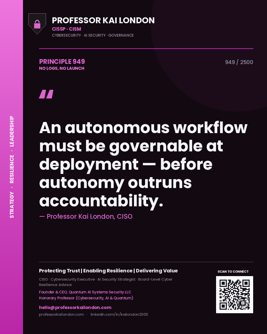 Quote card by Professor Kai London reading 'An autonomous workflow must be governable at deployment — before autonomy outruns accountability.'. From the book No Logs, No Launch.