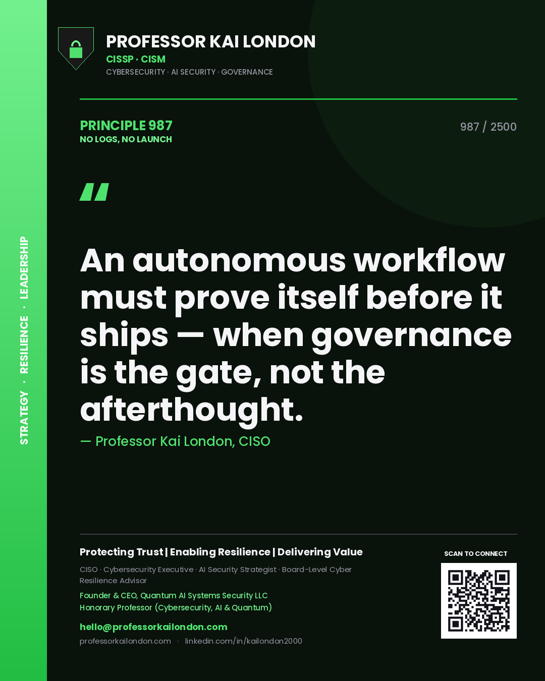 Professor Kai London principle 987: An autonomous workflow must prove itself before it ships — when governance is the gate, not the afterthought.