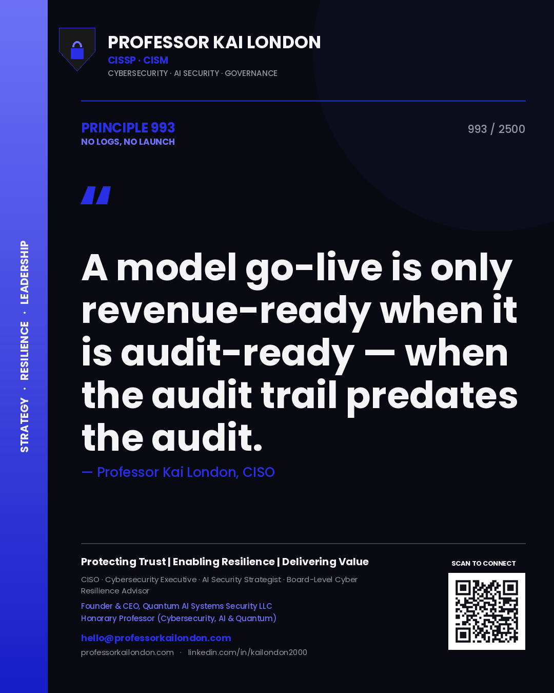 Professor Kai London principle 993: A model go-live is only revenue-ready when it is audit-ready — when the audit trail predates the audit.