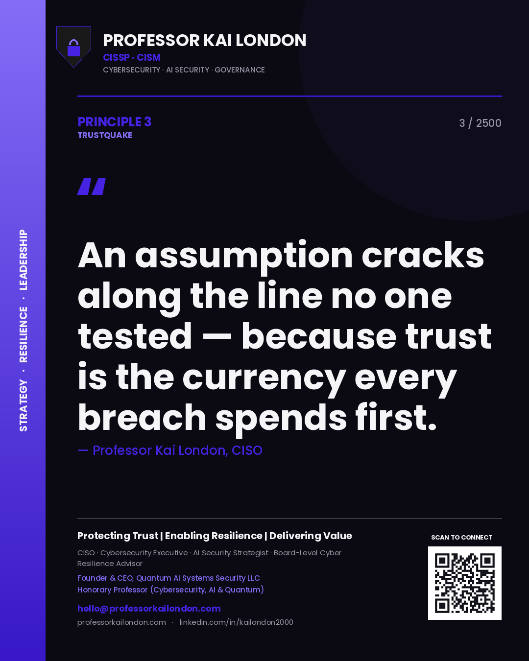 Quote card by Professor Kai London reading 'An assumption cracks along the line no one tested — because trust is the currency every breach spends first.'. From the book Trustquake.
