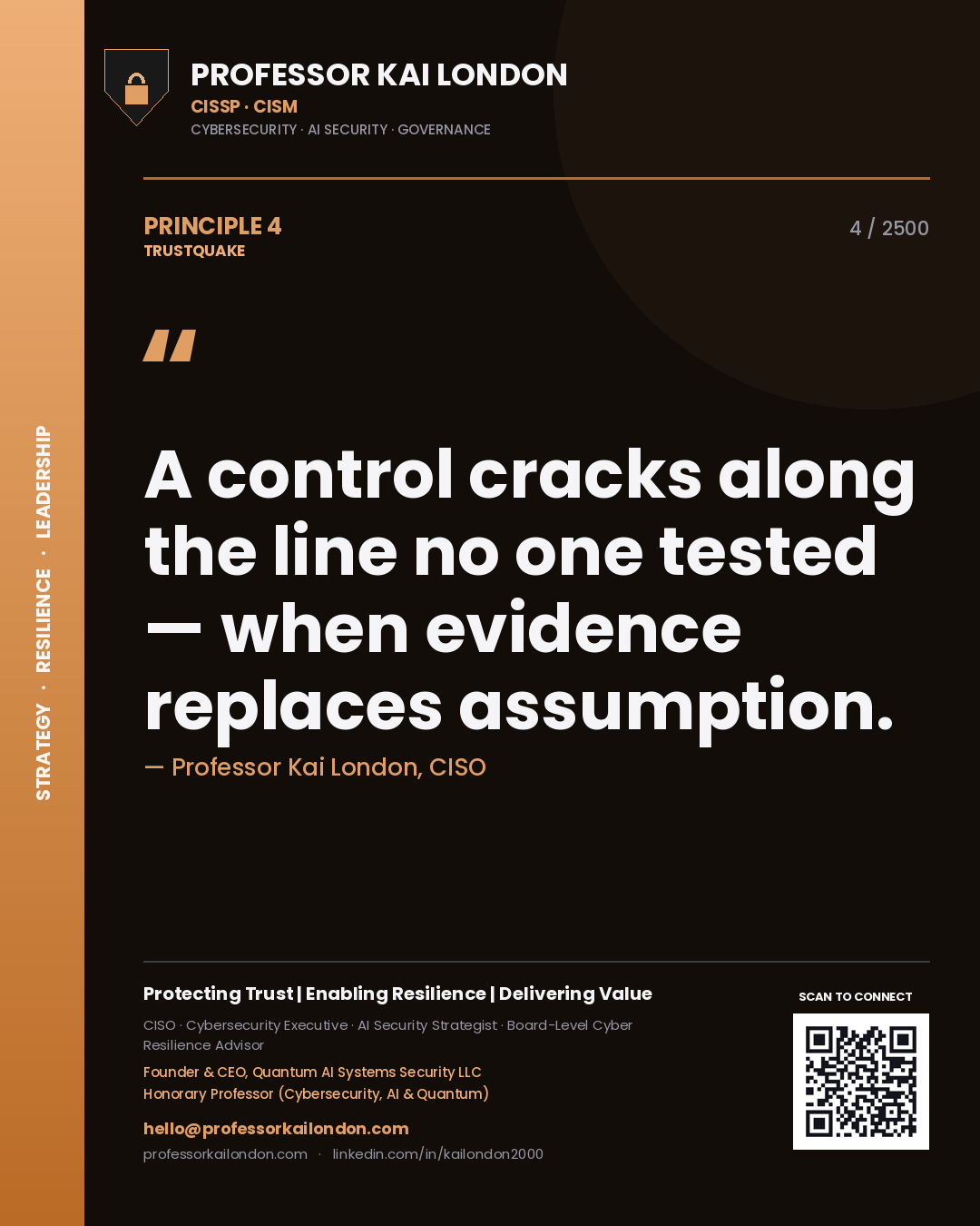 Quote card by Professor Kai London reading 'A control cracks along the line no one tested — when evidence replaces assumption.'. From the book Trustquake.