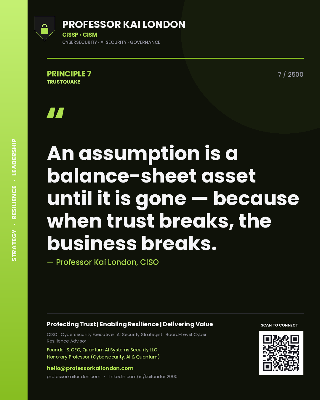 Quote card by Professor Kai London reading 'An assumption is a balance-sheet asset until it is gone — because when trust breaks, the business breaks.'. From the book Trustquake.