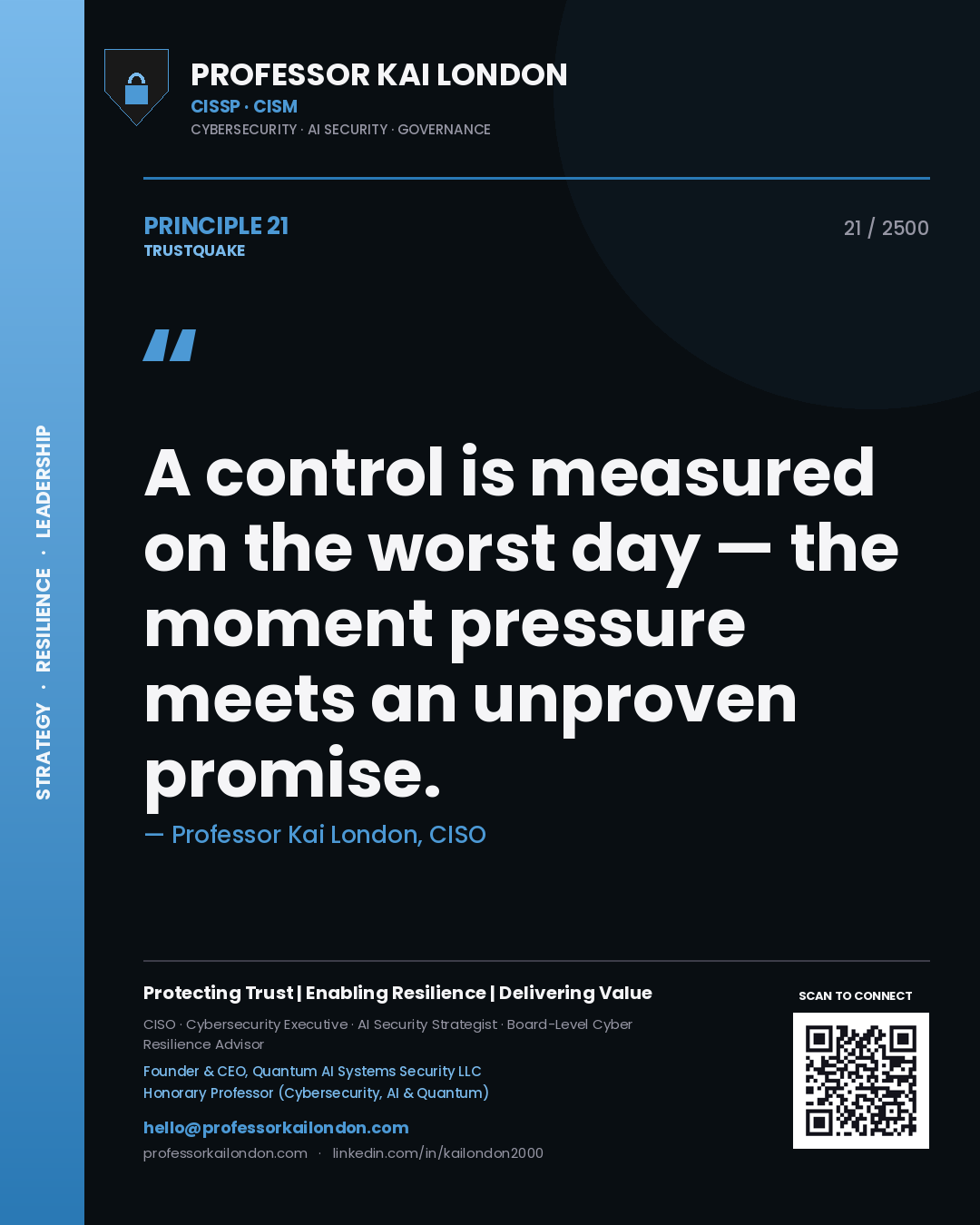 Professor Kai London principle 21: A control is measured on the worst day — the moment pressure meets an unproven promise.