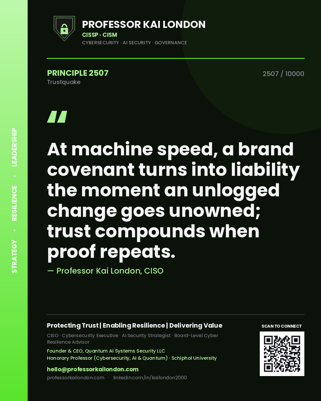 Quote card by Professor Kai London reading 'At machine speed, a brand covenant turns into liability the moment an unlogged change goes unowned; trust compounds when proof repeats.'. From the book Trustquake.