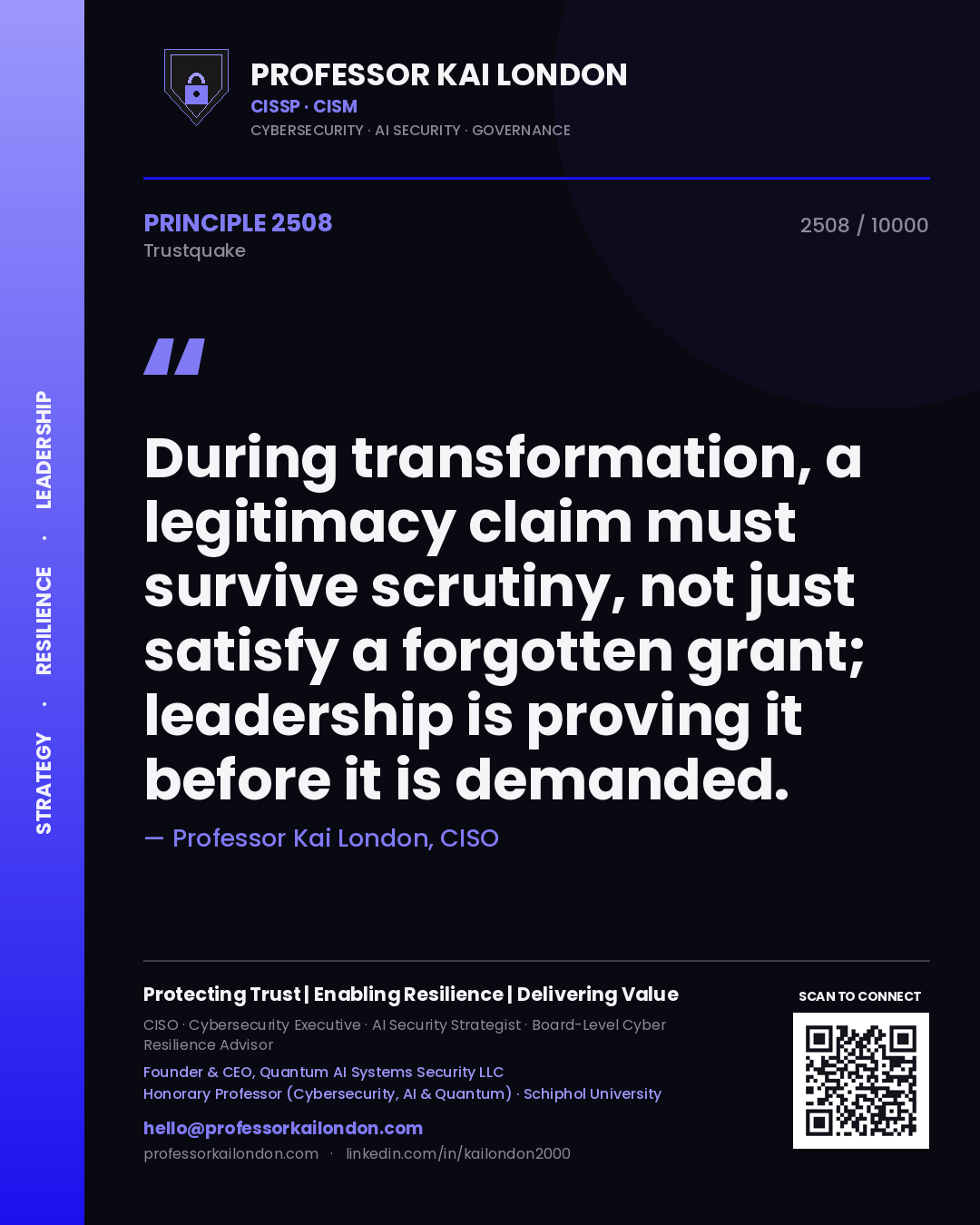 Quote card by Professor Kai London reading 'During transformation, a legitimacy claim must survive scrutiny, not just satisfy a forgotten grant; leadership is proving it before it is demanded.'. From the book Trustquake.