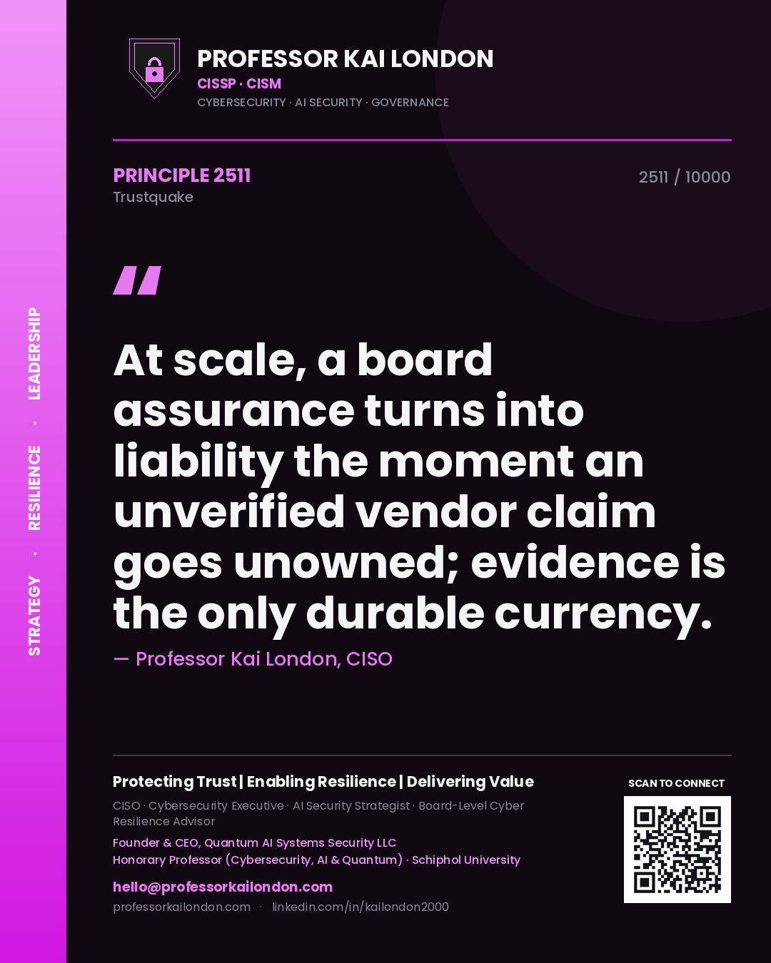 Professor Kai London principle 2511: At scale, a board assurance turns into liability the moment an unverified vendor claim goes unowned; evidence is the only durable currency.