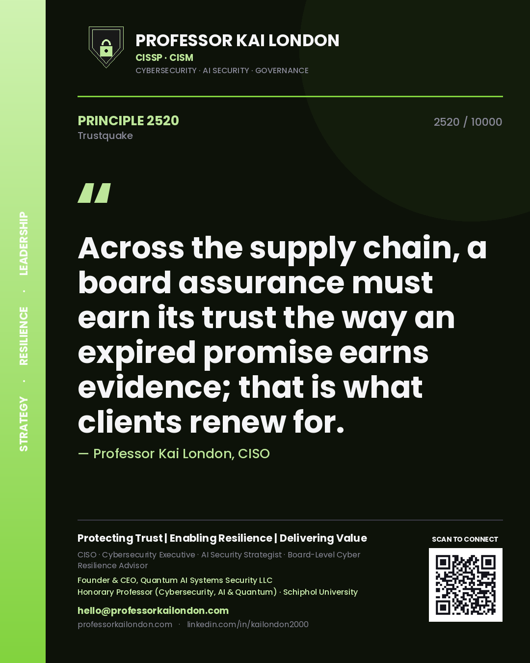Quote card by Professor Kai London reading 'Across the supply chain, a board assurance must earn its trust the way an expired promise earns evidence; that is what clients renew for.'. From the book Trustquake.
