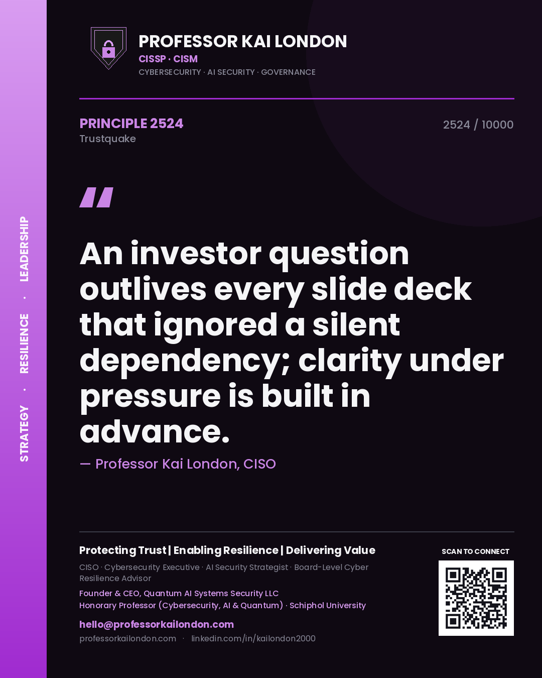 Professor Kai London principle 2524: An investor question outlives every slide deck that ignored a silent dependency; clarity under pressure is built in advance.
