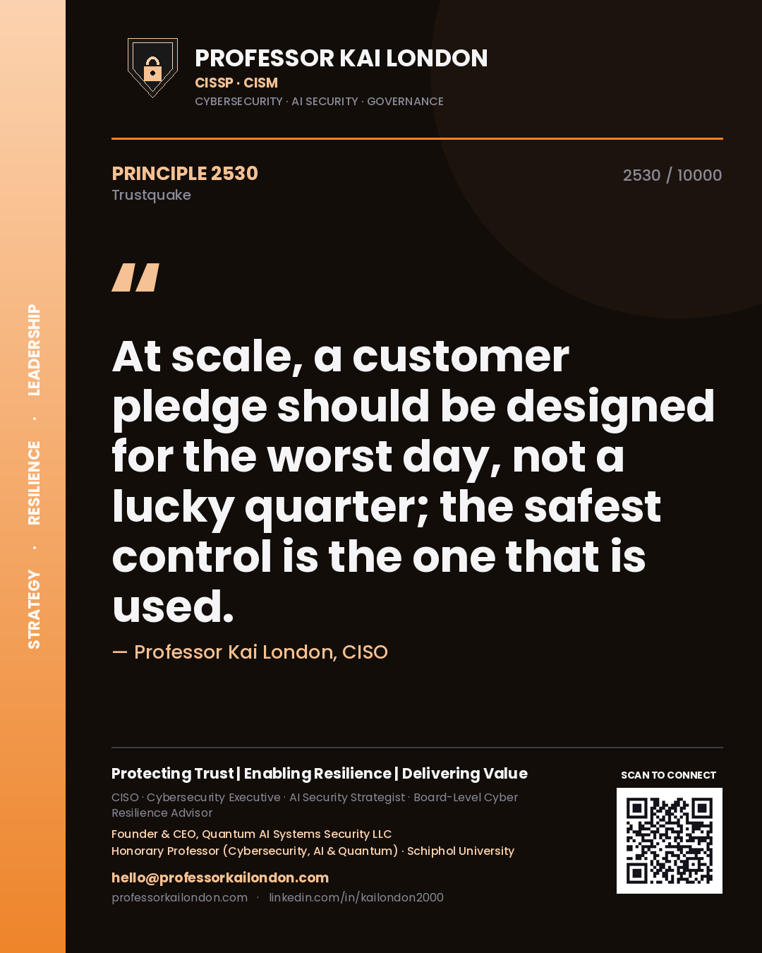 Professor Kai London principle 2530: At scale, a customer pledge should be designed for the worst day, not a lucky quarter; the safest control is the one that is used.