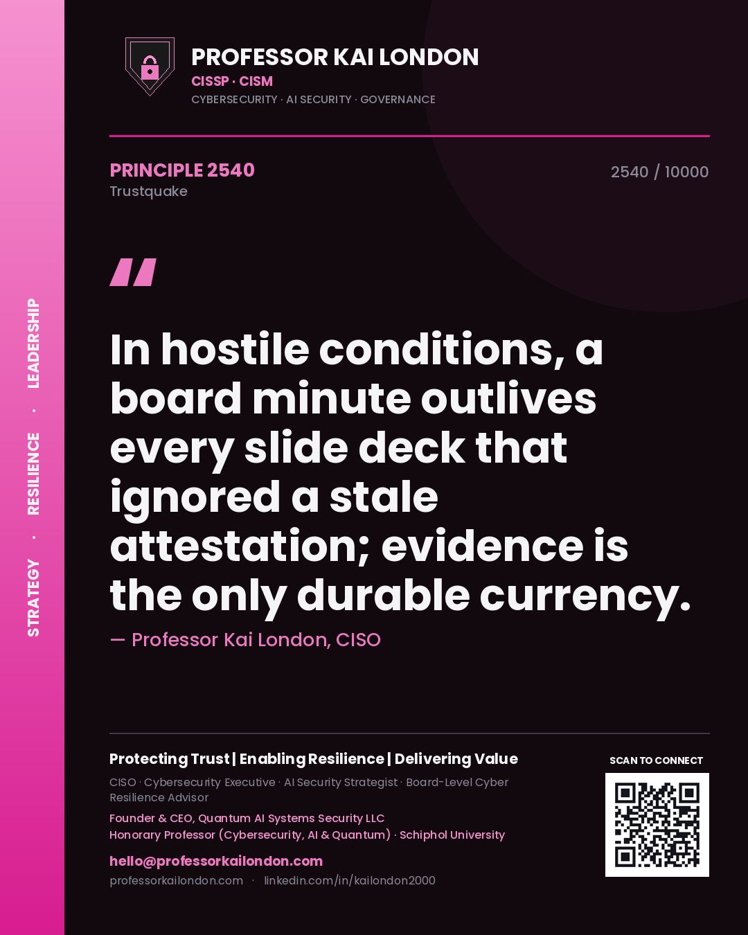 Quote card by Professor Kai London reading 'In hostile conditions, a board minute outlives every slide deck that ignored a stale attestation; evidence is the only durable currency.'. From the book Trustquake.