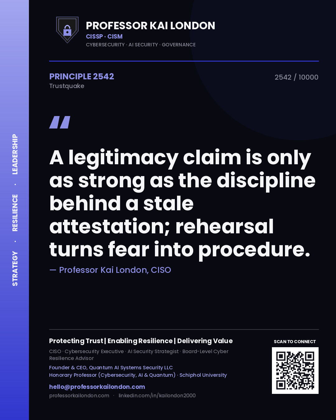 Quote card by Professor Kai London reading 'A legitimacy claim is only as strong as the discipline behind a stale attestation; rehearsal turns fear into procedure.'. From the book Trustquake.