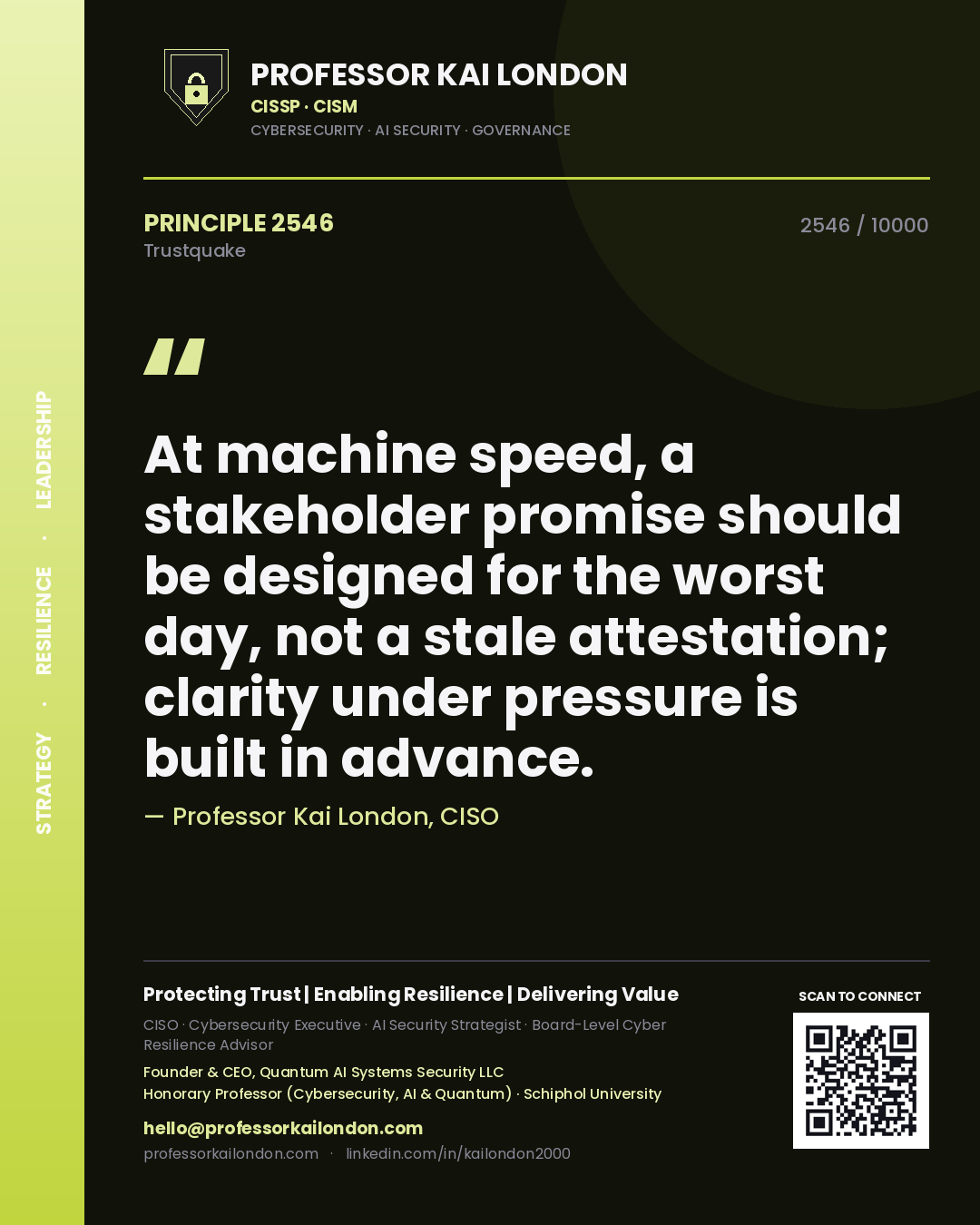 Professor Kai London principle 2546: At machine speed, a stakeholder promise should be designed for the worst day, not a stale attestation; clarity under pressure is built in advance.