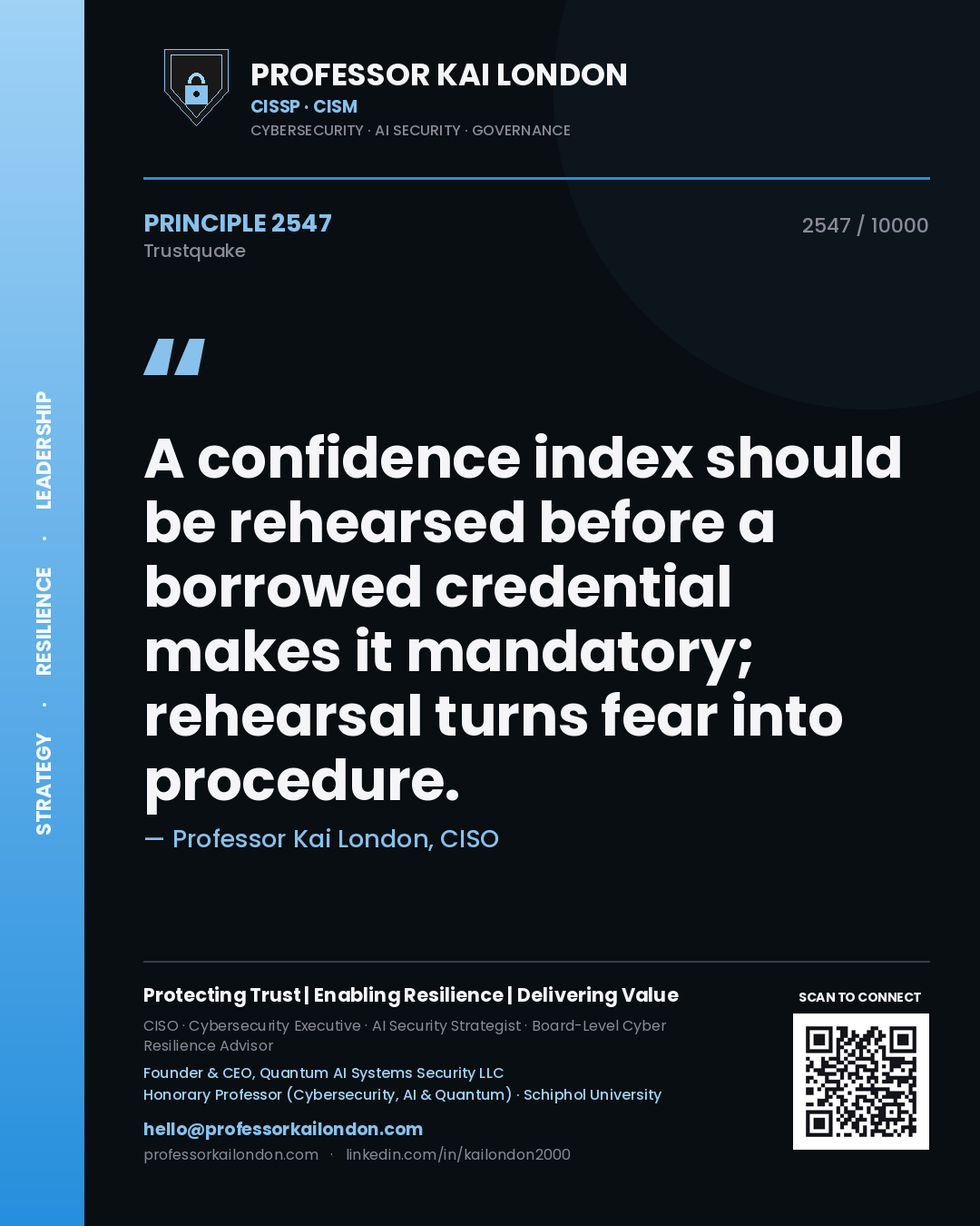 Professor Kai London principle 2547: A confidence index should be rehearsed before a borrowed credential makes it mandatory; rehearsal turns fear into procedure.