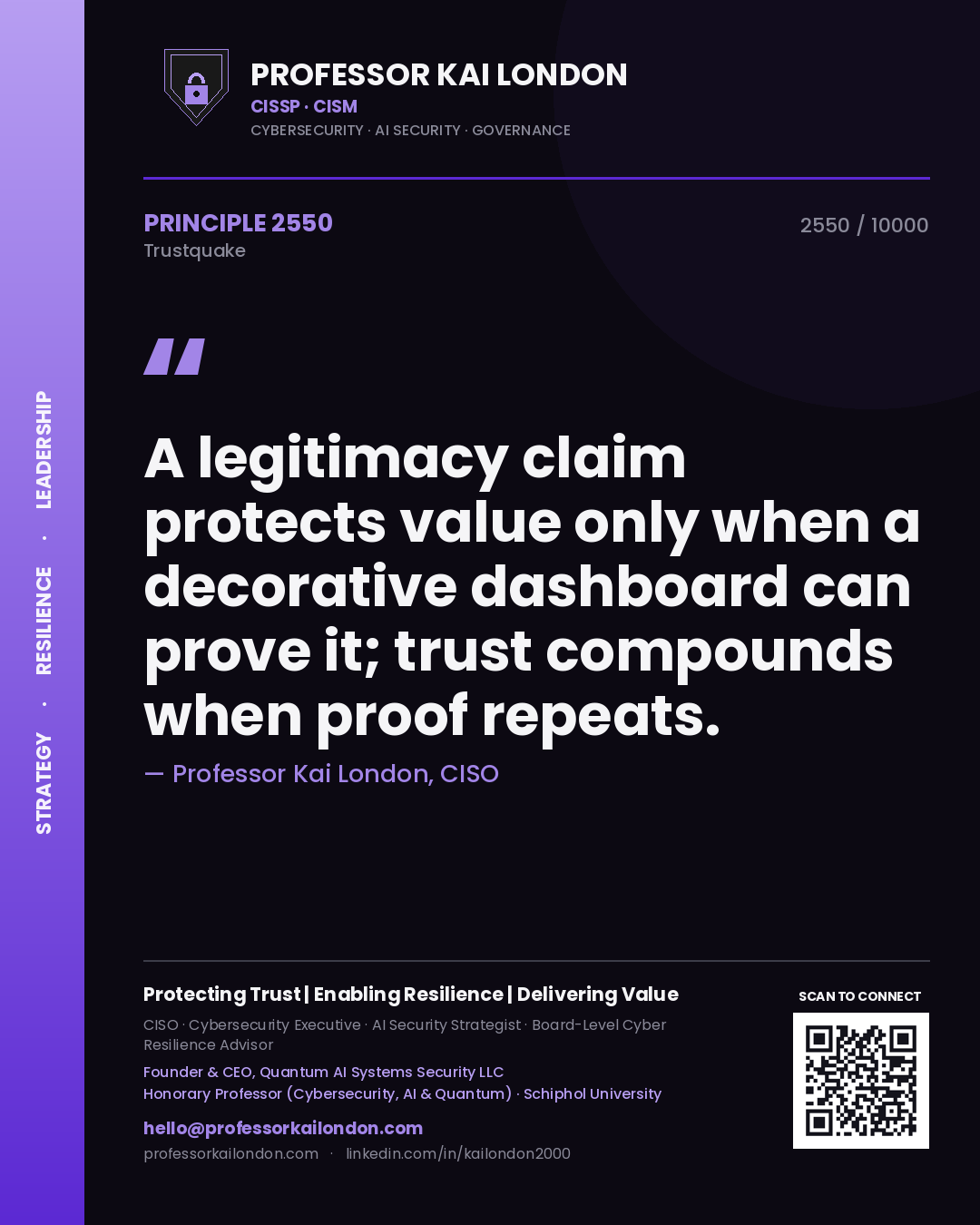 Professor Kai London principle 2550: A legitimacy claim protects value only when a decorative dashboard can prove it; trust compounds when proof repeats.