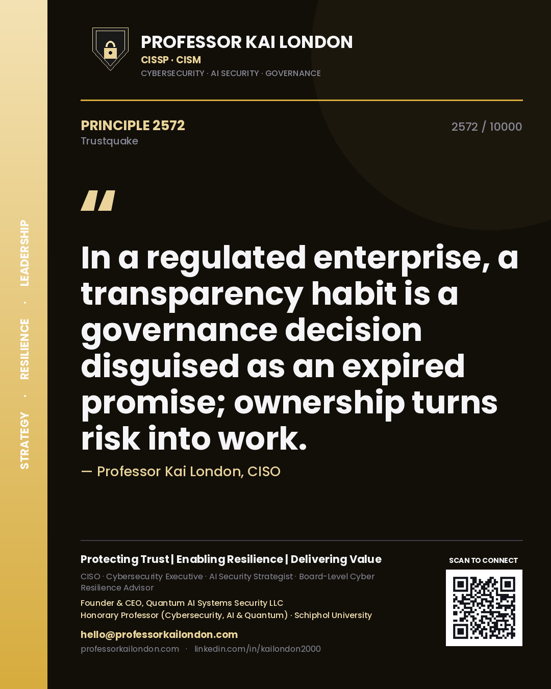 Quote card by Professor Kai London reading 'In a regulated enterprise, a transparency habit is a governance decision disguised as an expired promise; ownership turns risk into work.'. From the book Trustquake.