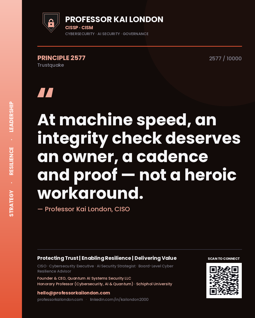 Quote card by Professor Kai London reading 'At machine speed, an integrity check deserves an owner, a cadence and proof — not a heroic workaround.'. From the book Trustquake.