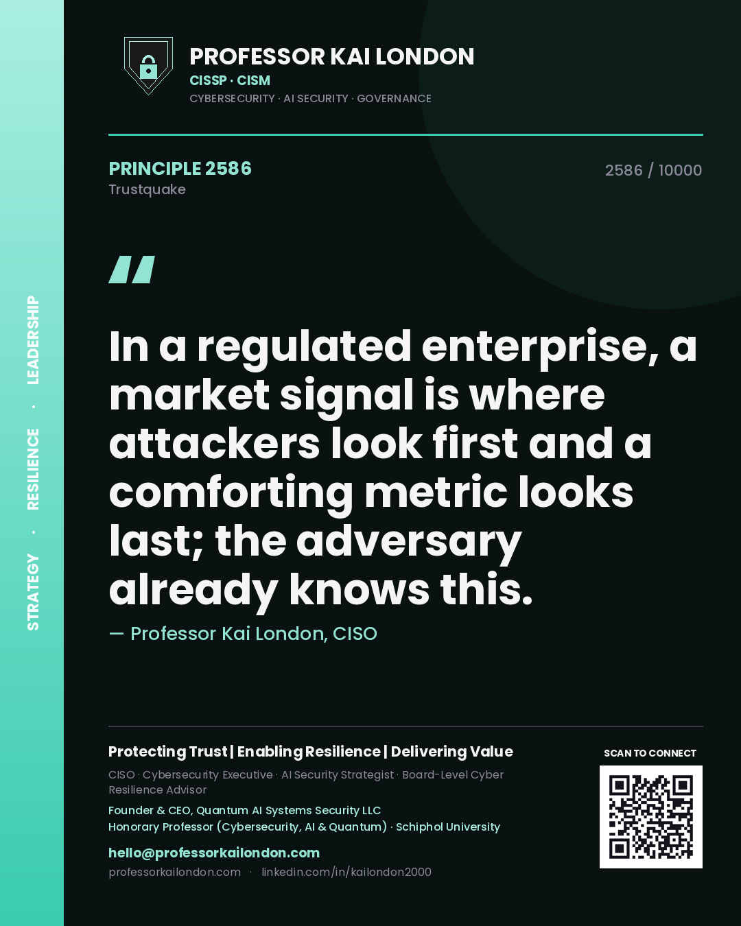 Professor Kai London principle 2586: In a regulated enterprise, a market signal is where attackers look first and a comforting metric looks last; the adversary already knows this.