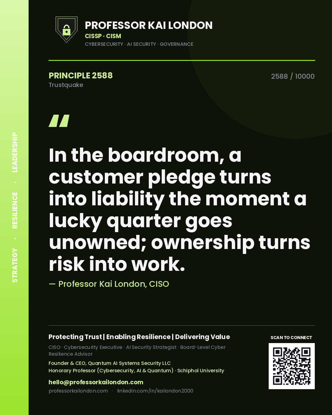 Quote card by Professor Kai London reading 'In the boardroom, a customer pledge turns into liability the moment a lucky quarter goes unowned; ownership turns risk into work.'. From the book Trustquake.