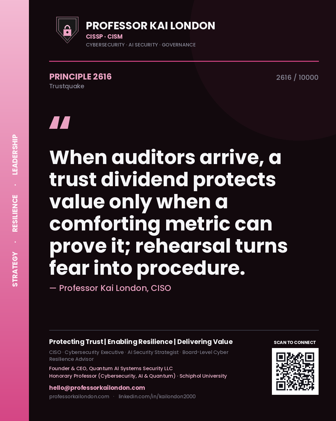 Quote card by Professor Kai London reading 'When auditors arrive, a trust dividend protects value only when a comforting metric can prove it; rehearsal turns fear into procedure.'. From the book Trustquake.