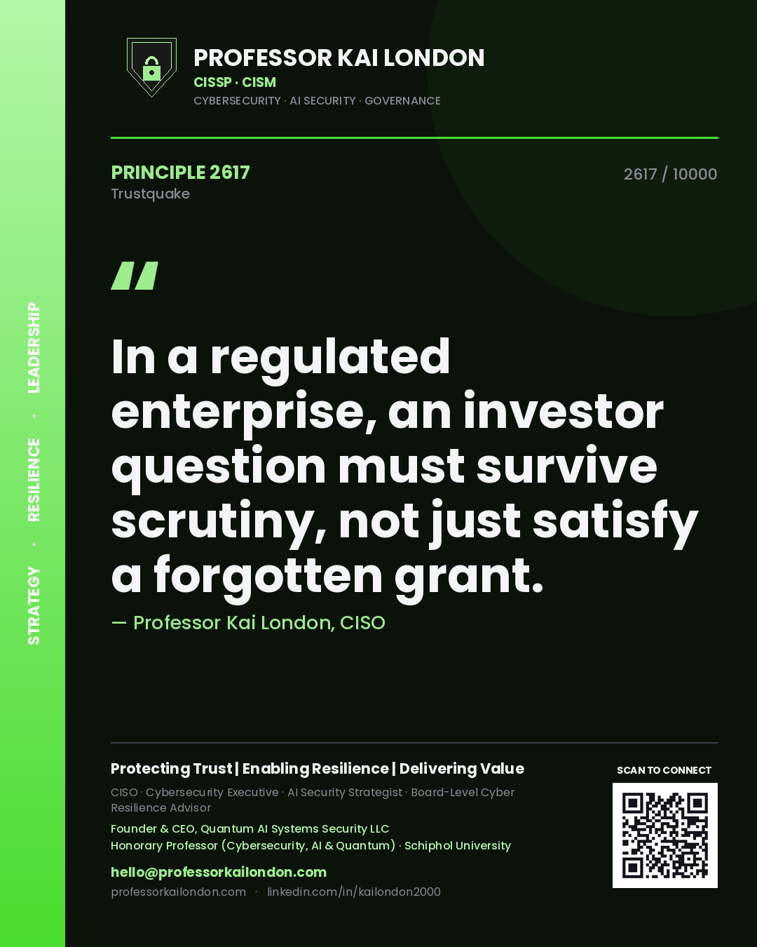 Quote card by Professor Kai London reading 'In a regulated enterprise, an investor question must survive scrutiny, not just satisfy a forgotten grant.'. From the book Trustquake.
