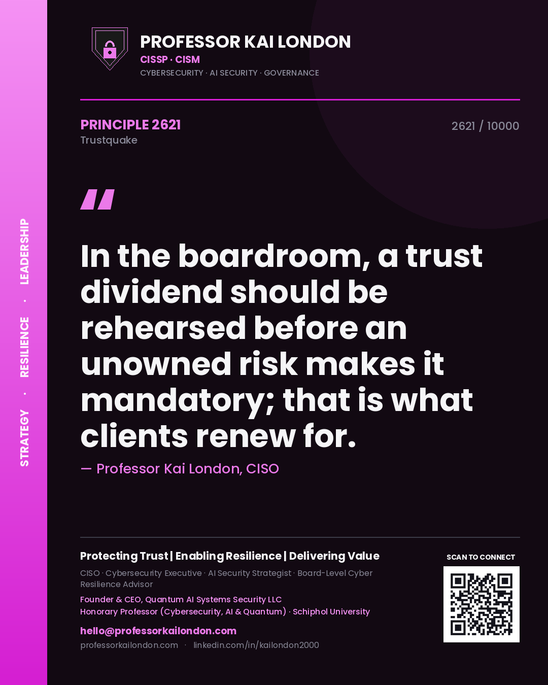 Quote card by Professor Kai London reading 'In the boardroom, a trust dividend should be rehearsed before an unowned risk makes it mandatory; that is what clients renew for.'. From the book Trustquake.